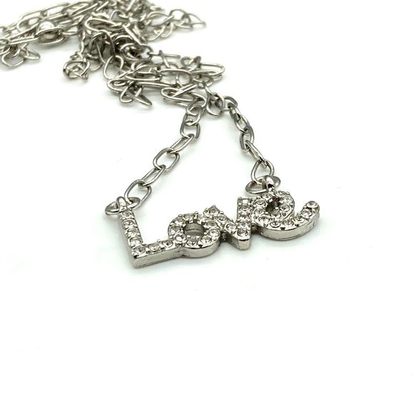 Retro Sparkle Love Spellout Necklace, Silver Tone Dainty Chain with Pave Crystal - Picture 4 of 4